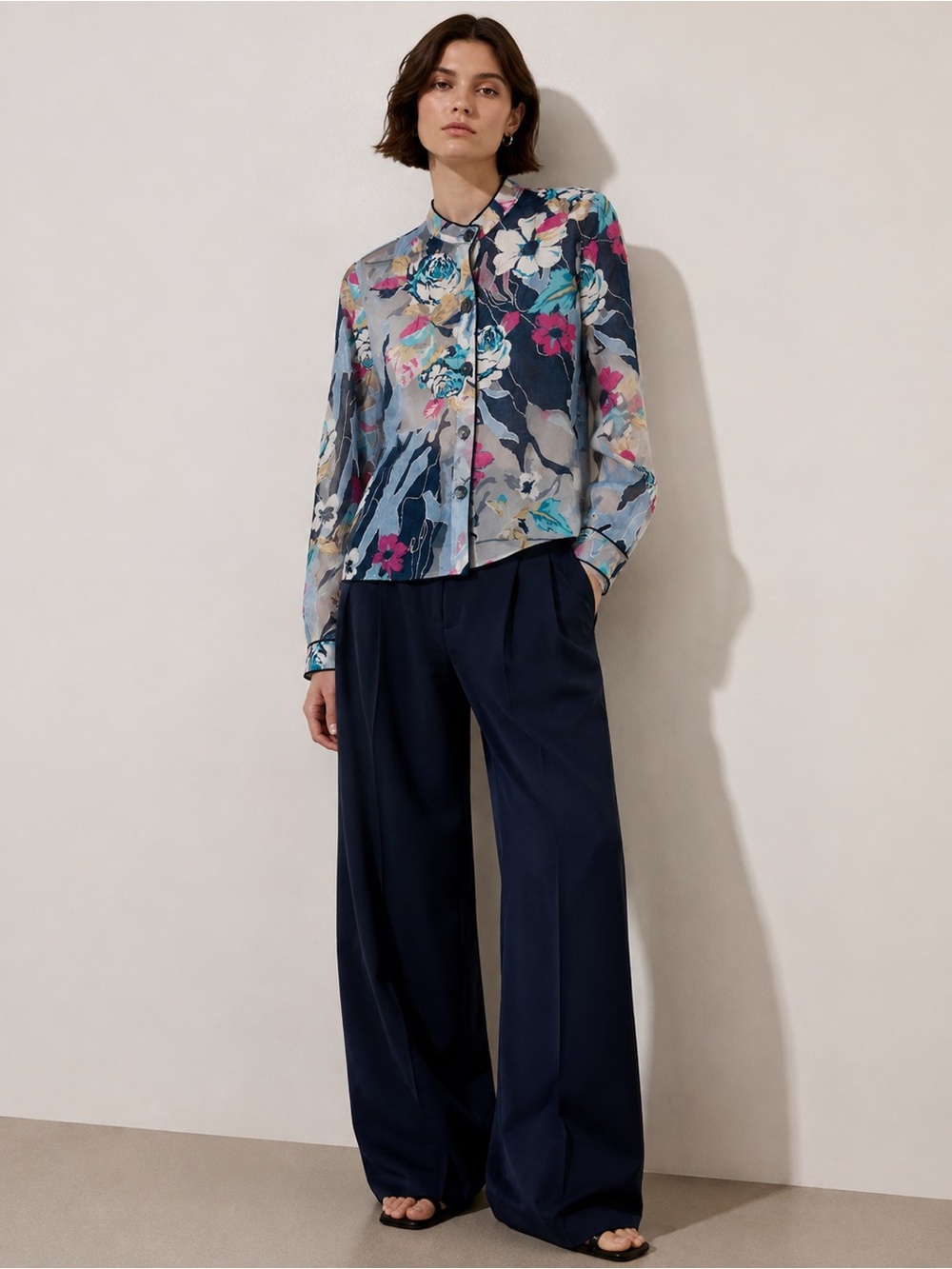Vintage Cynthia Max Sheer Floral Jacquard Embroidered Organza Button Down Top M